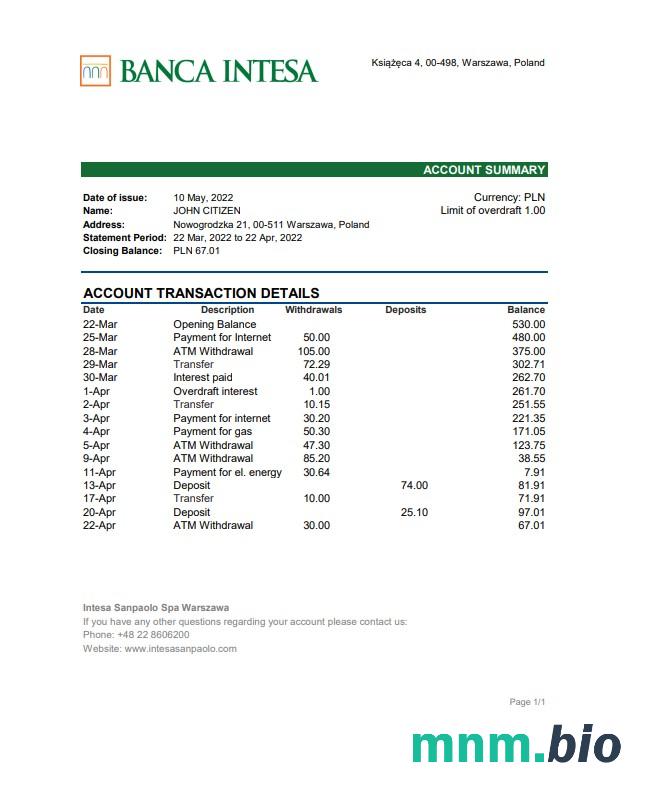 Polska Banca Intesa wyciąg bankowy Excel i szablon PDF